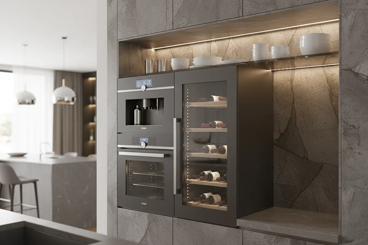 Cocina moderna con electrodomésticos y vinoteca integrados