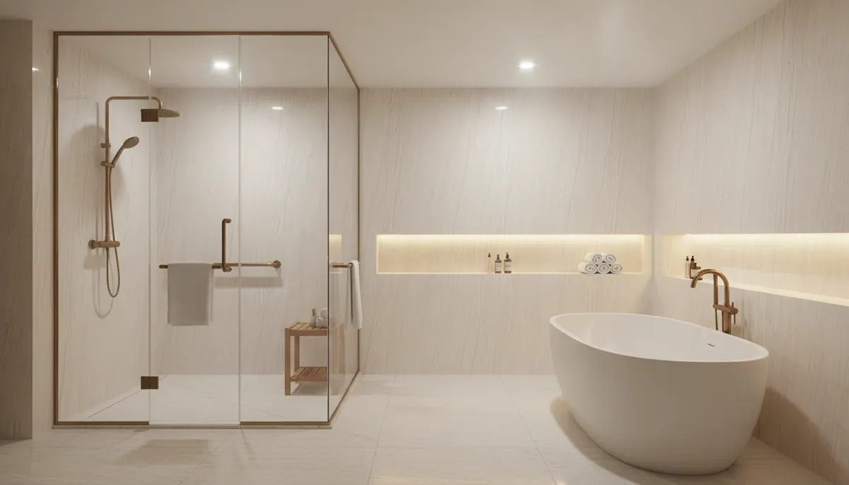 Baño amplio de diseño lujoso, con gran ducha y gran bañera.