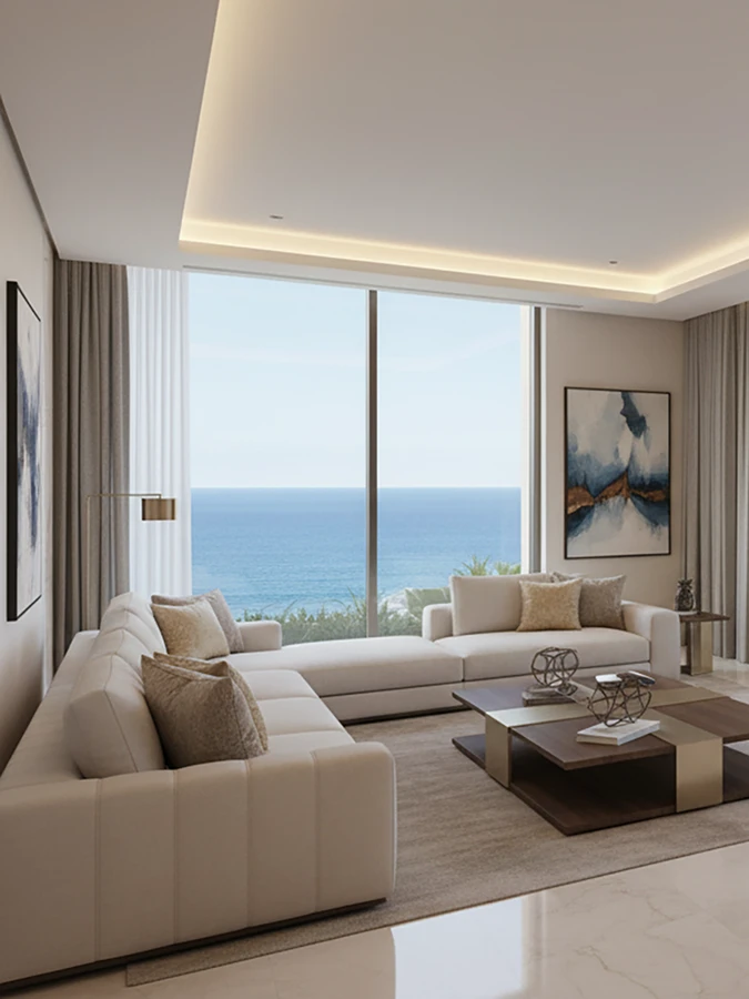 Interiores Alta Vita, Construimos un estándar. Detalle del salón con un gran sofá, en un apartamento con vistas al mar